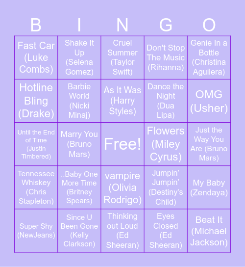Song Bingo Card