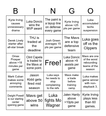 Mavs 2022-2023 Bingo Card