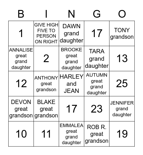 BAILEY FAMILY GAME Bingo Card