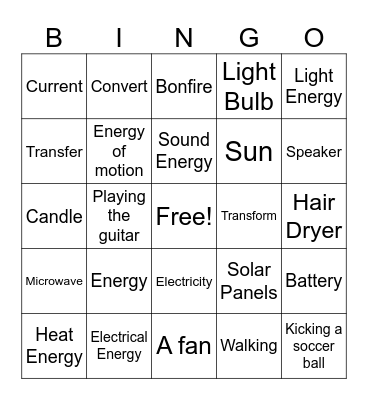 Energy Transfer and Transformation Bingo Card