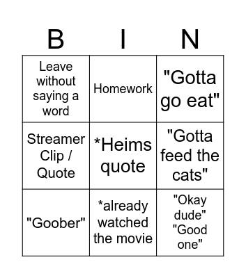 Liam Bingo Card