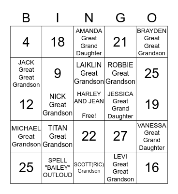 BAILEY FAMILY GAME Bingo Card