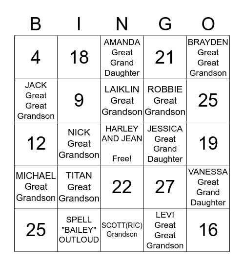 BAILEY FAMILY GAME Bingo Card