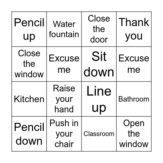 Classroom manners Bingo Card