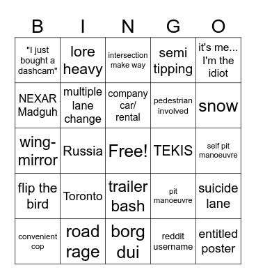 Car Crash Compilation 2 Electric Boogaloo Bingo Card