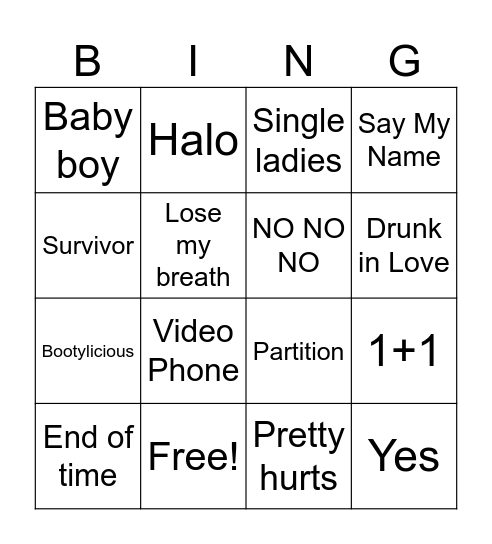 Beyonce Bingo Card