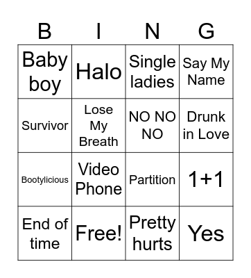 Beyonce Bingo Card