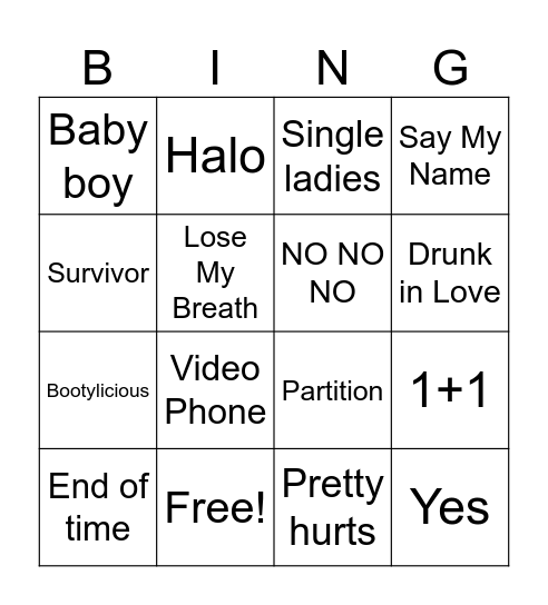 Beyonce Bingo Card