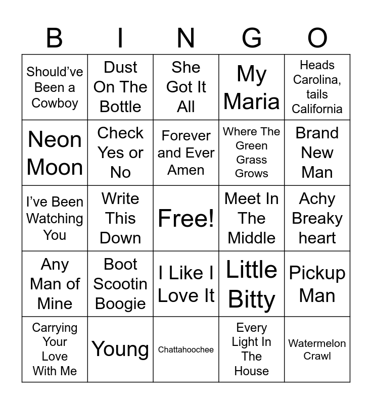 90s County Bingo Card