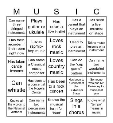 Getting to Know You - Music Edition Bingo Card