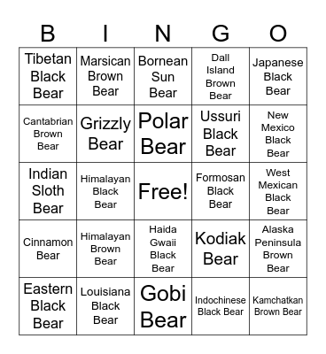 Bear Sub-Species Bingo Card