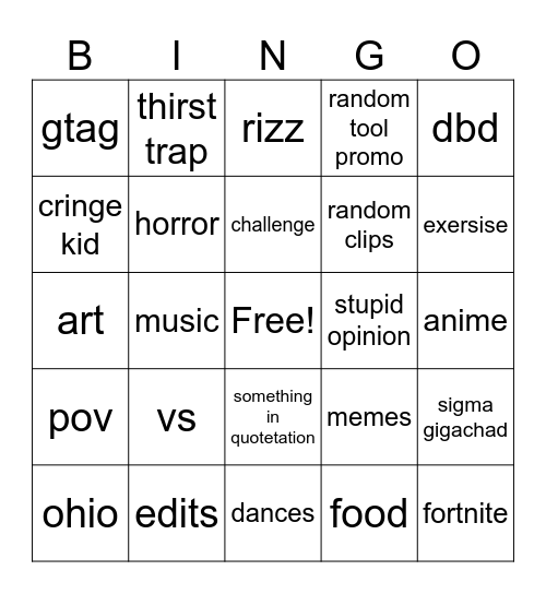 yt shorts Bingo Card