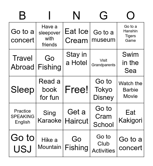 What did you do this summer? Bingo Card