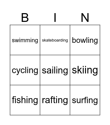 activities Bingo Card