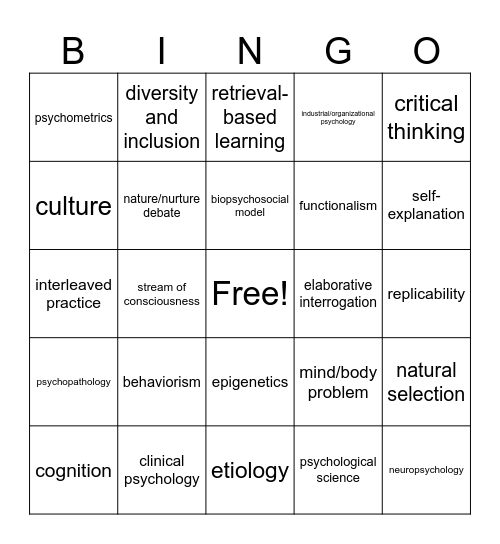 Intro to Psych Chapter 1 Bingo Card