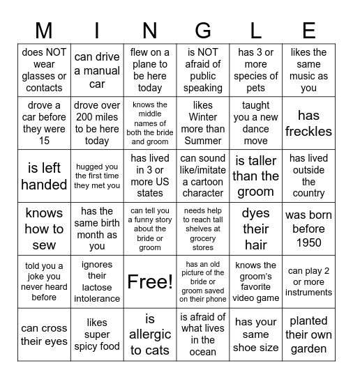 MINGLE to find someone who. . . Bingo Card