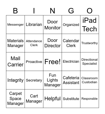 Classroom Jobs Bingo Card