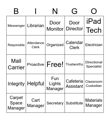 Classroom Jobs Bingo Card