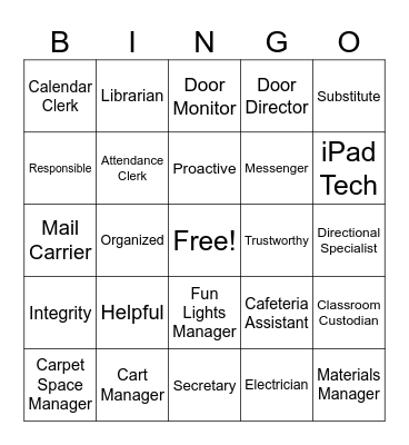 Classroom Jobs Bingo Card