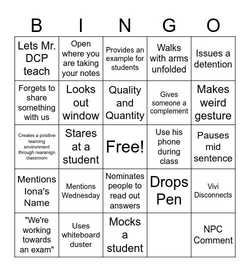 Sean Bingo Card