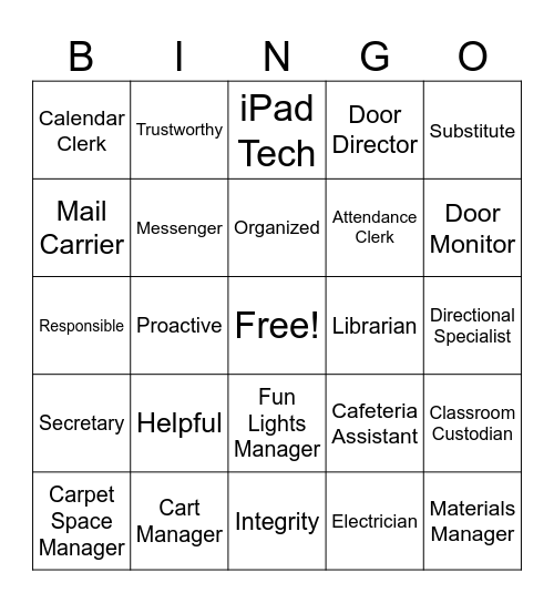 Classroom Jobs Bingo Card