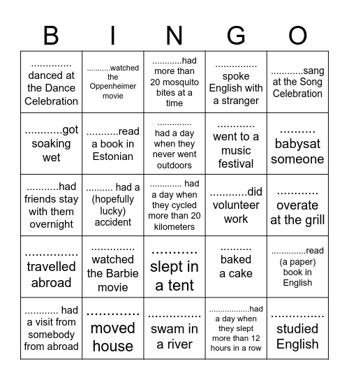 I know what you did last summer... Bingo Card