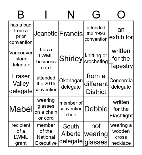 LWML ABC District Convention 2016 Bingo Card