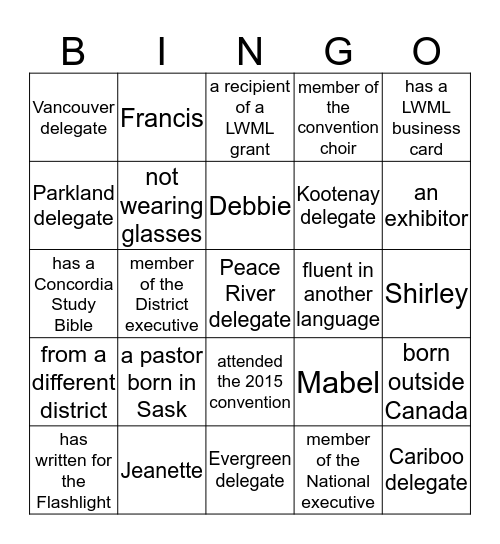 LWML ABC District Convention 2016 Bingo Card