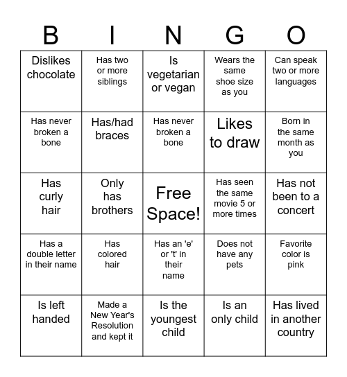 Get to know each other! Bingo Card