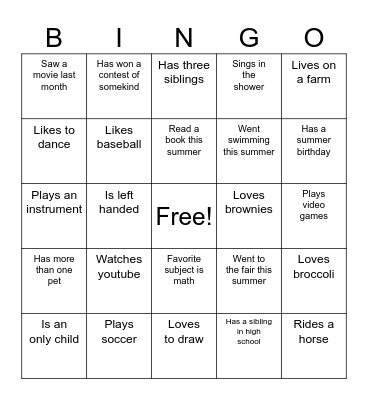 Getting to know you! Bingo Card