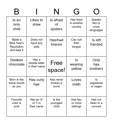 Get to know each other! Bingo Card
