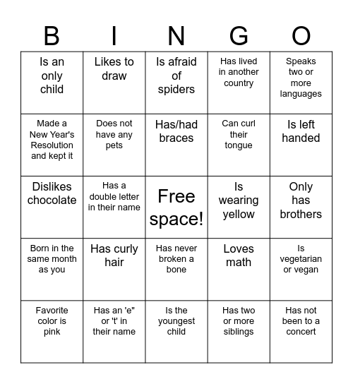 Get to know each other! Bingo Card