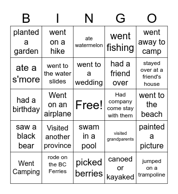 Summer Holidays Bingo Card