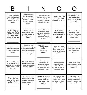 Pottery Room Bingo Card