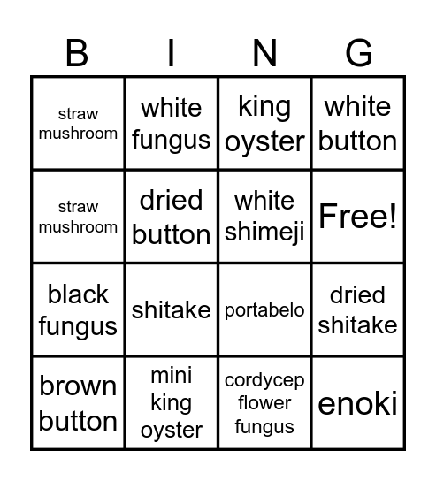 Mushroom Bingo Card