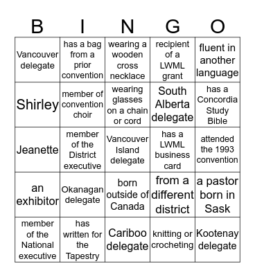 LWML ABC District Convention 2016 Bingo Card
