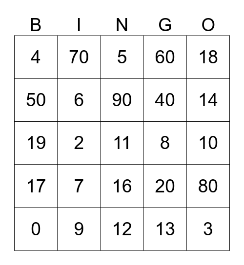 NUMBERS Bingo Card