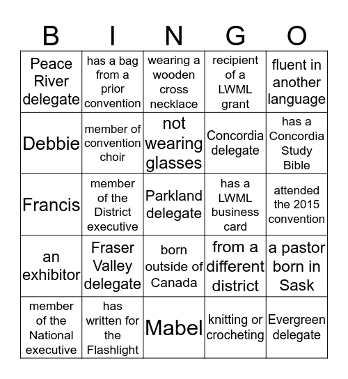 LWML ABC District Convention 2016 Bingo Card