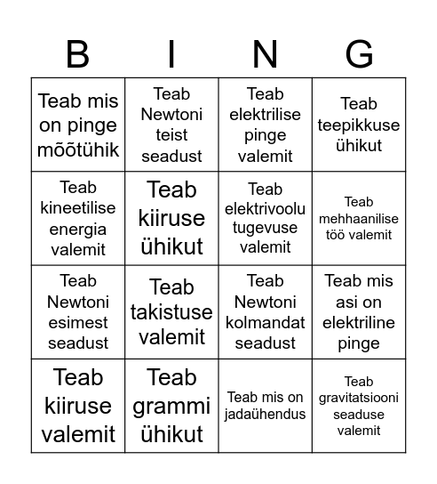 Füüsika bingo Card