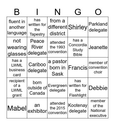LWML ABC District Convention 2016 Bingo Card