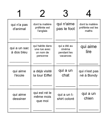Trouve un camarade qui... Bingo Card
