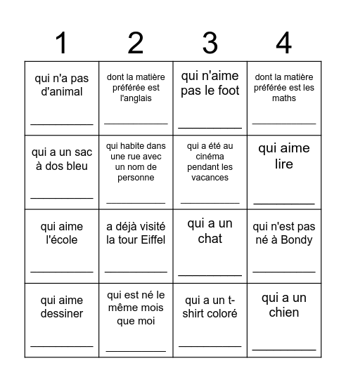 Trouve un camarade qui... Bingo Card