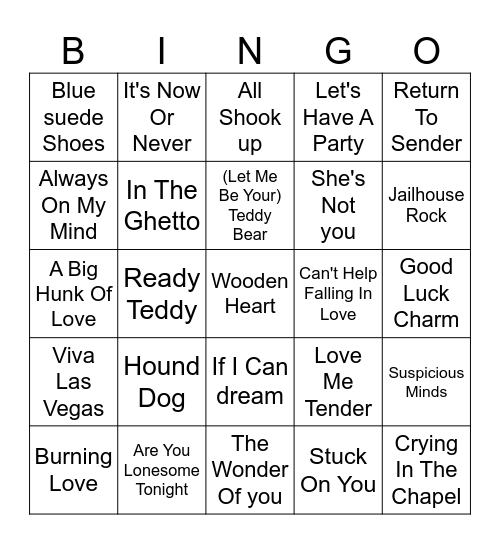 Elvis Presley Hits Bingo Card