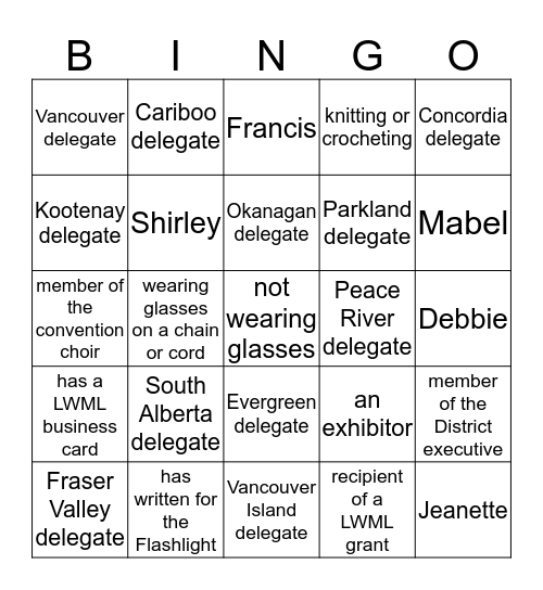 LWML ABC District Convention 2016 Bingo Card