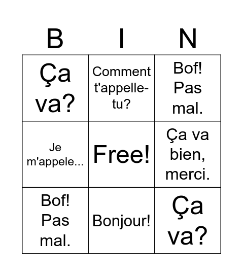 Bonjour! Bingo Card