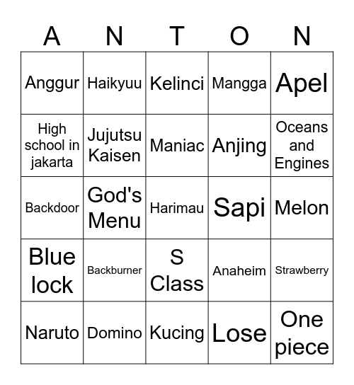 Anton Bingo Card