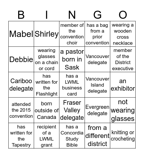 LWML ABC District Convention 2016 Bingo Card