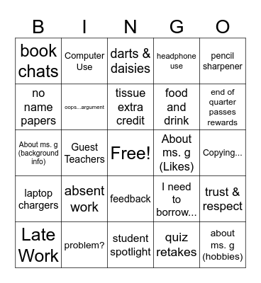 PROCEDURES & EXPECTATIONS Bingo Card