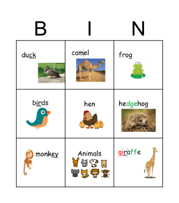 Animal Picture Bingo Card