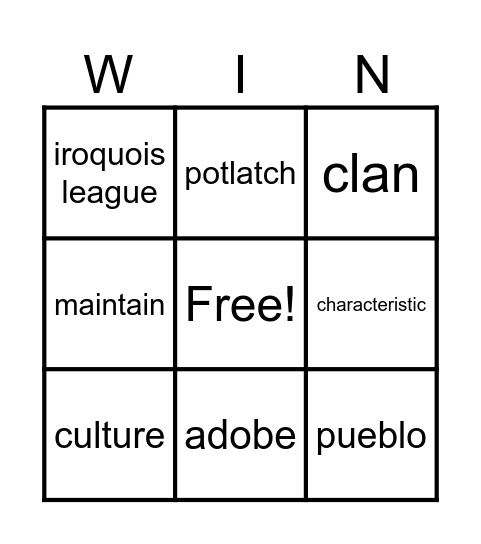 Topic 1 Lesson 2 Cultures of North America Bingo Card